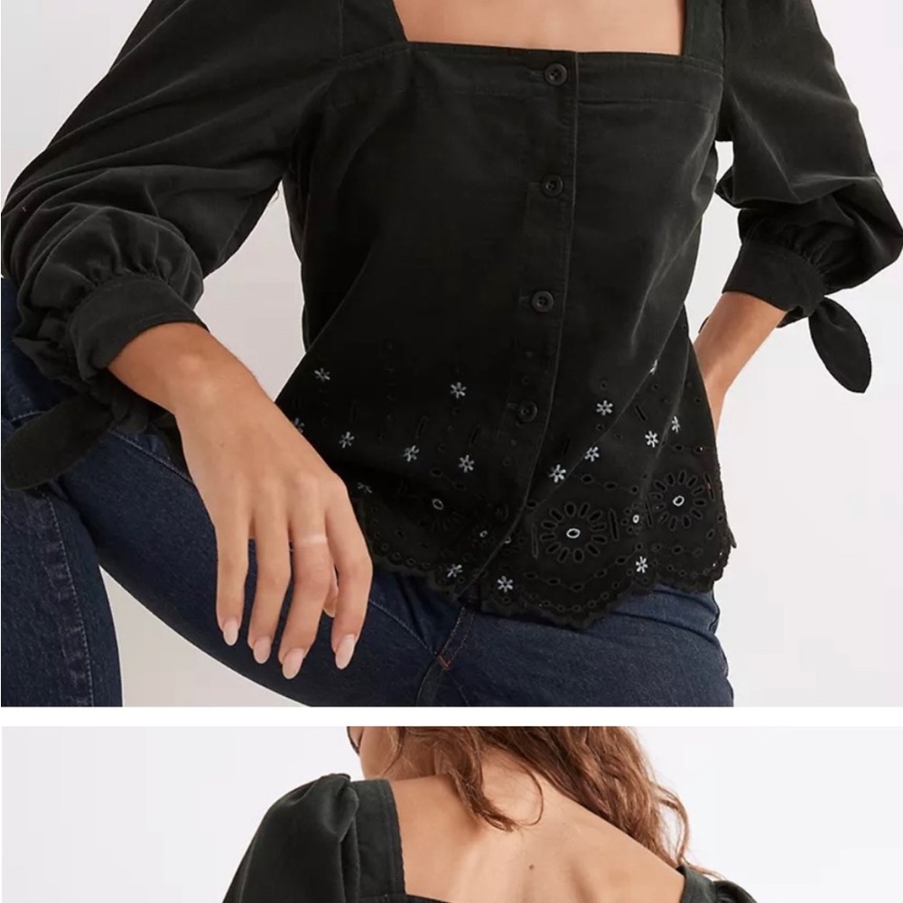 Madewell embroidered eyelet corduroy tie sleeve top